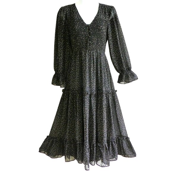 Top Shop Black Peasant Dress Midi White Polka Dots Tiered Ruffles Smocked Bodice - Picture 1 of 7